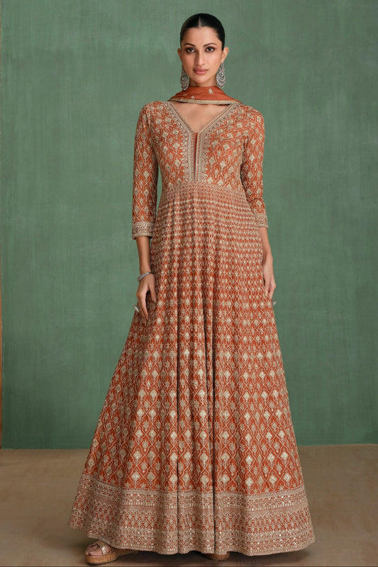 Light Orange Anarkali Gown In Chinon Silk With Sequin Embroidery For Indian Weddings