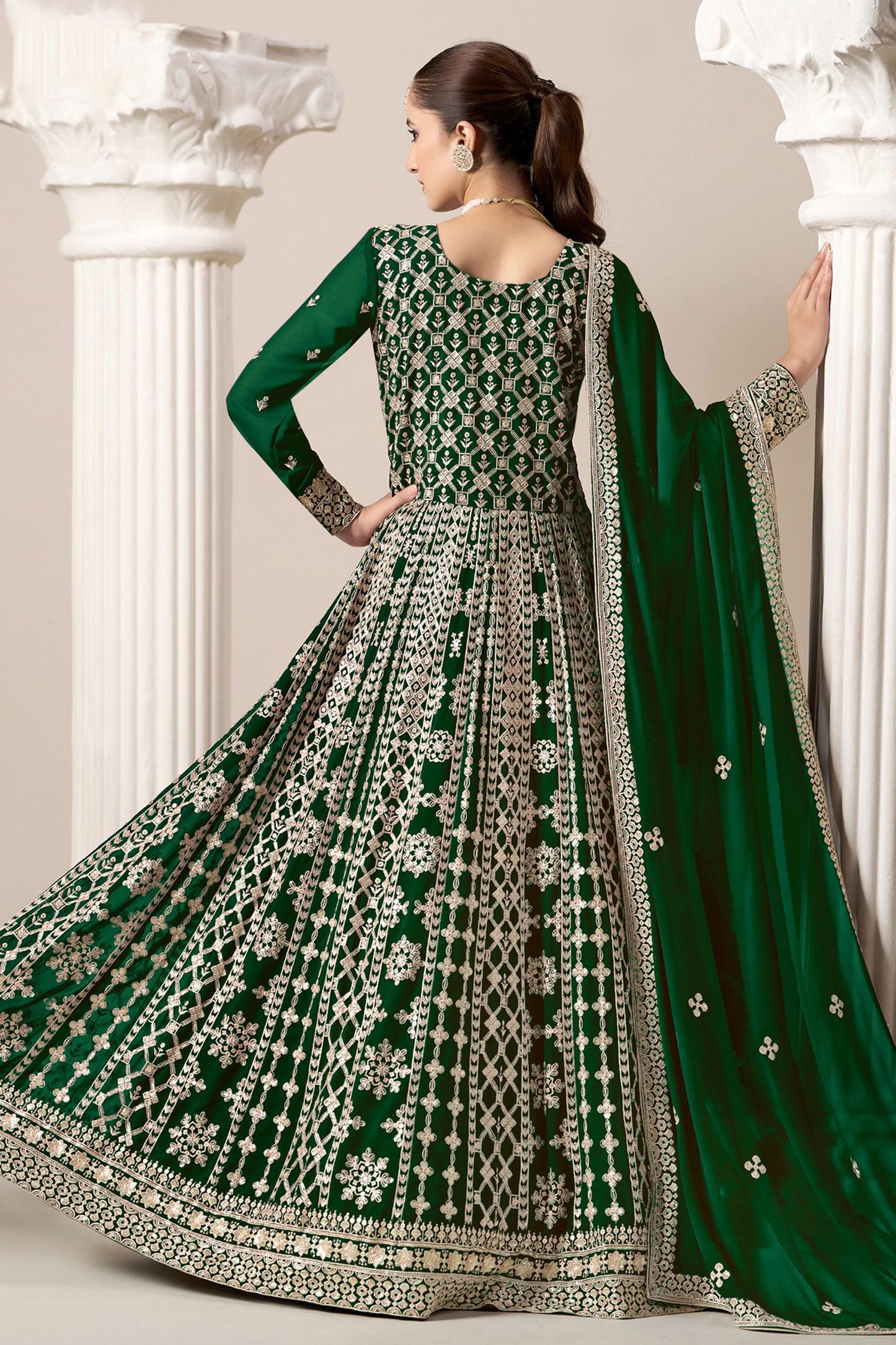 Dark Green Ready-To-Wear Anarkali Gown - Full Length Designer Outfit