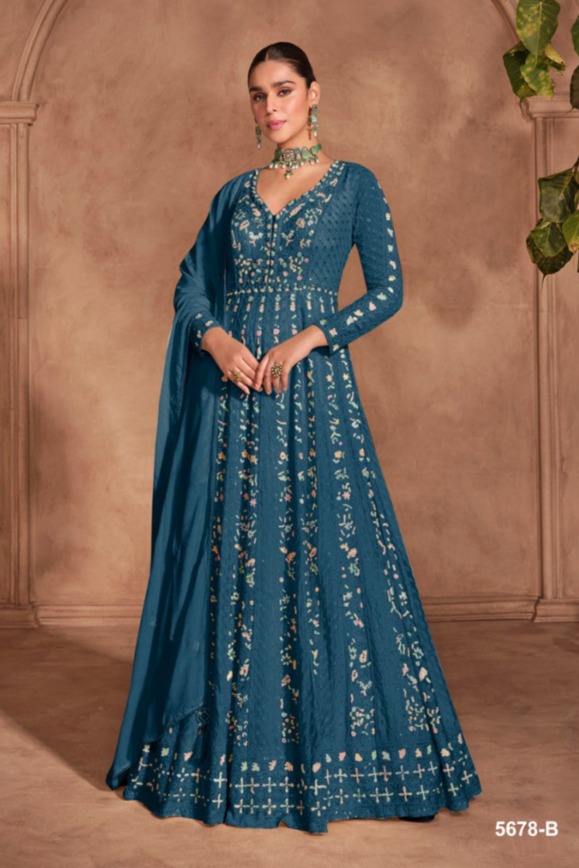 Teal Blue Anarkali Gown With Heavy Chinon Fabric And Intricate Embroidery For Weddings