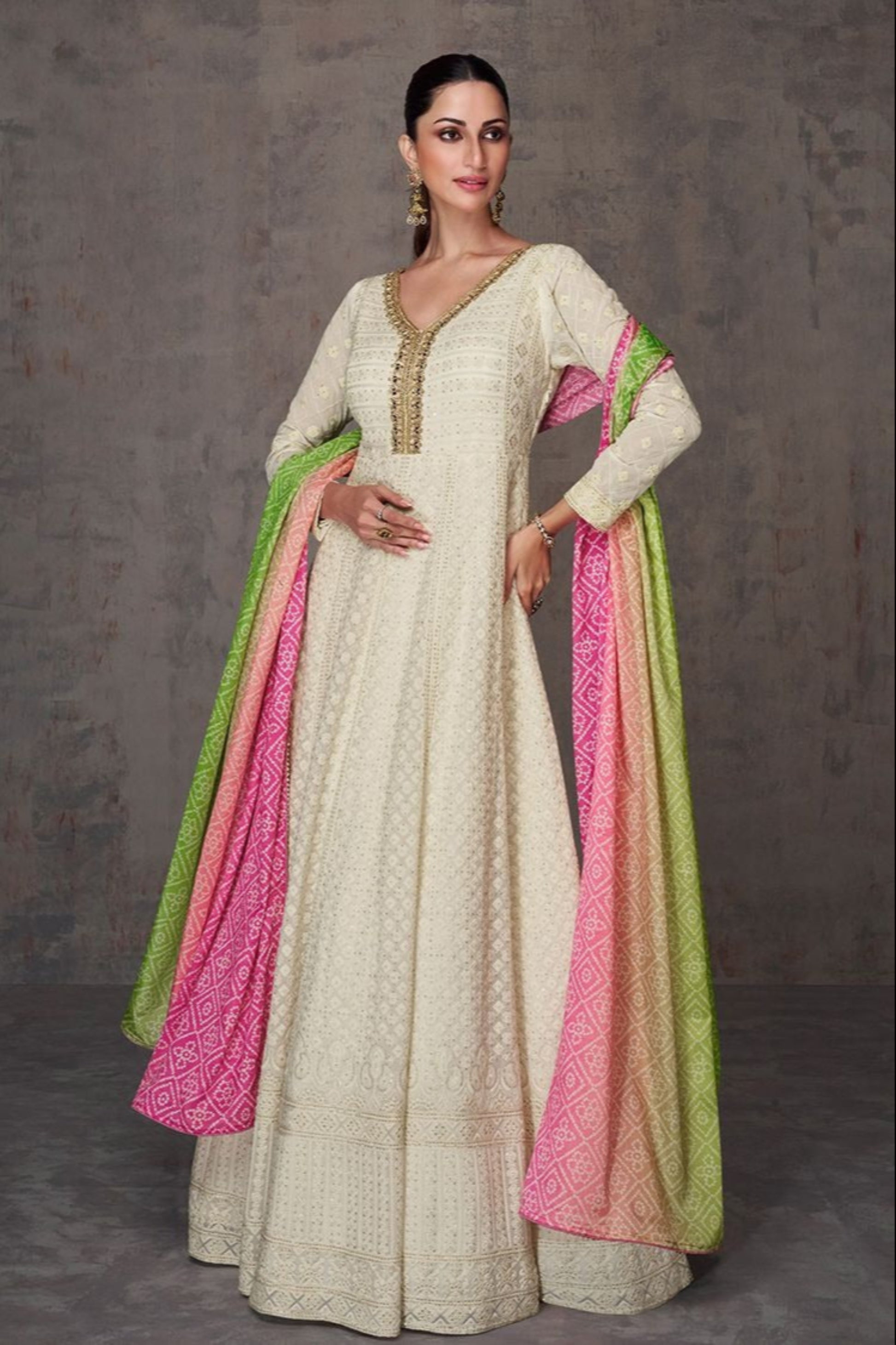Pale Beige Anarkali Gown With Dupatta For Evening Parties And Weddings