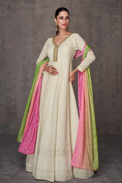Pale Beige Anarkali Gown With Dupatta For Evening Parties And Weddings
