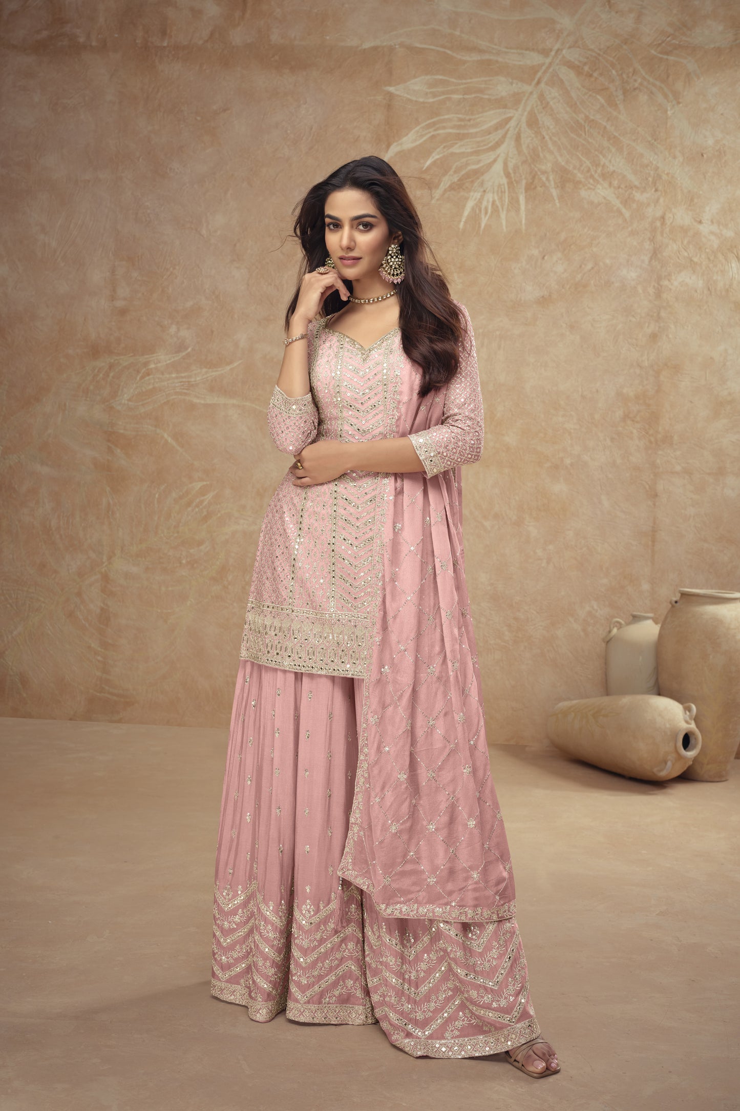 Pink Chinon Palazzo Suit With Embroidery Work For Indian Weddings USA