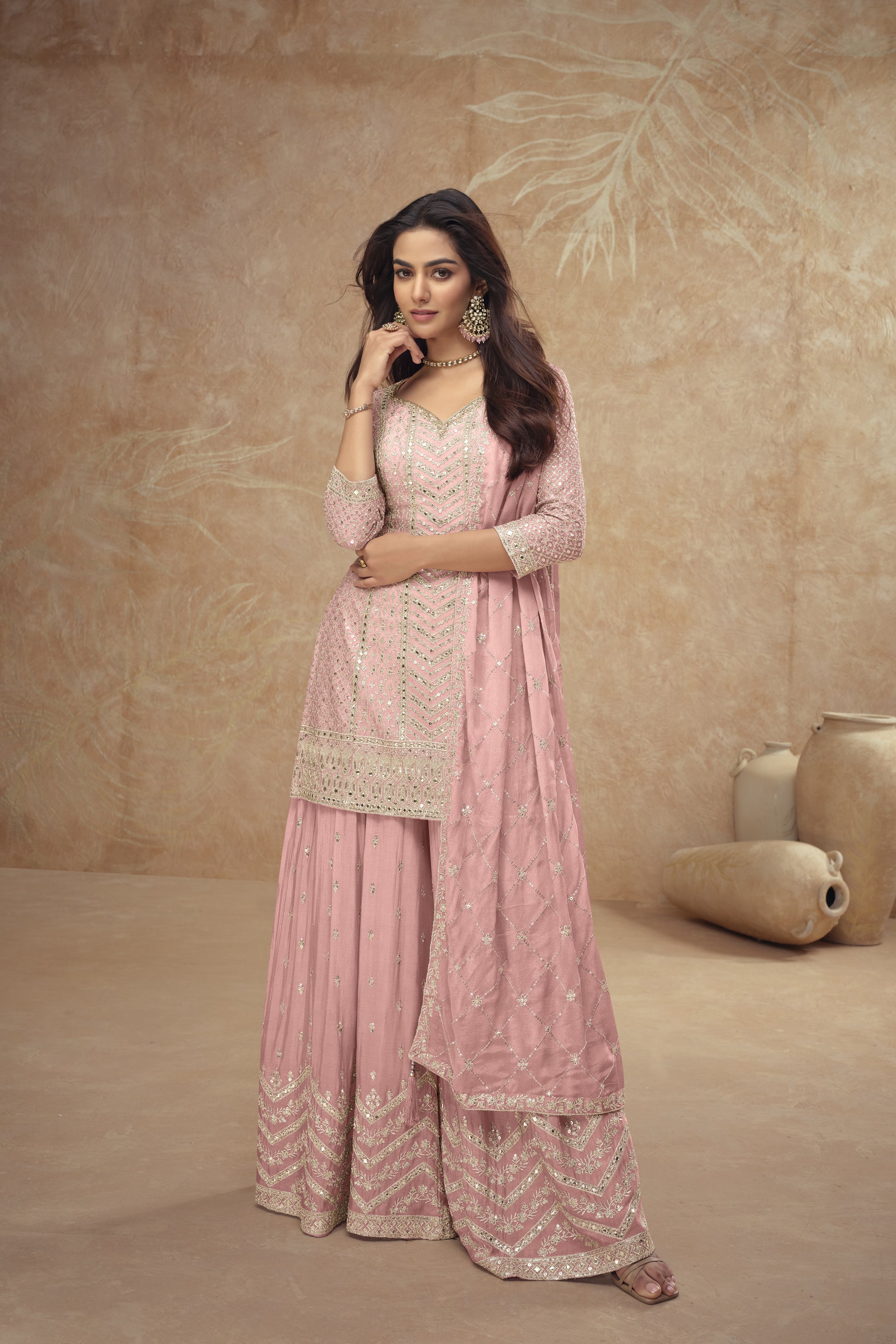Pink Chinon Palazzo Suit With Embroidery Work For Indian Weddings USA