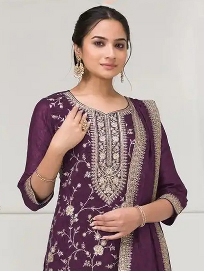 Designer Silk Palazzo Suit With Thread And Sequin Embroidery Work - Front View