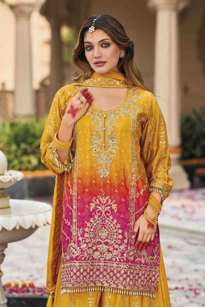 Mustard Yellow Indian Wedding Outfit With Dupatta - Detailed Embroidery Work