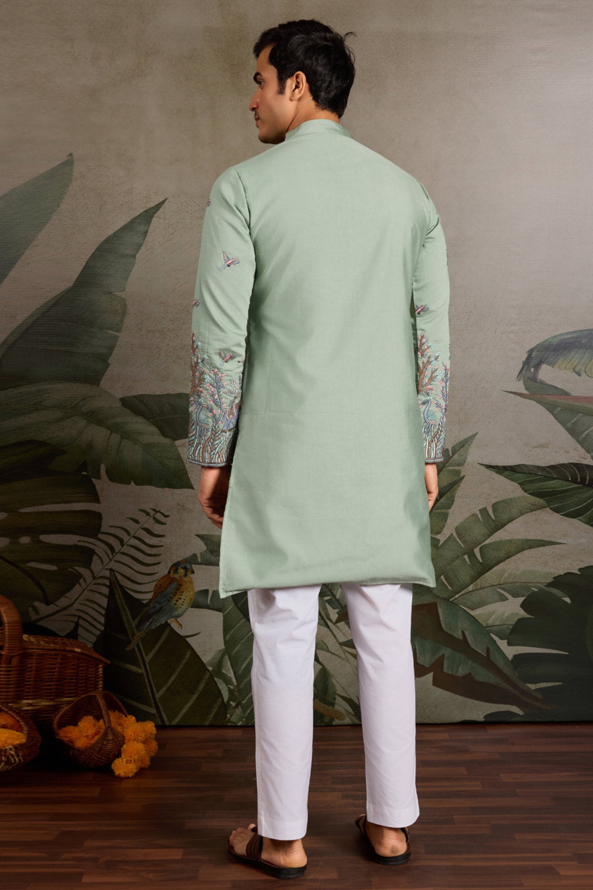 Close-Up Of Thread Sequin Embroidery Work On Sage Green Men's Kurta With Matching Pant