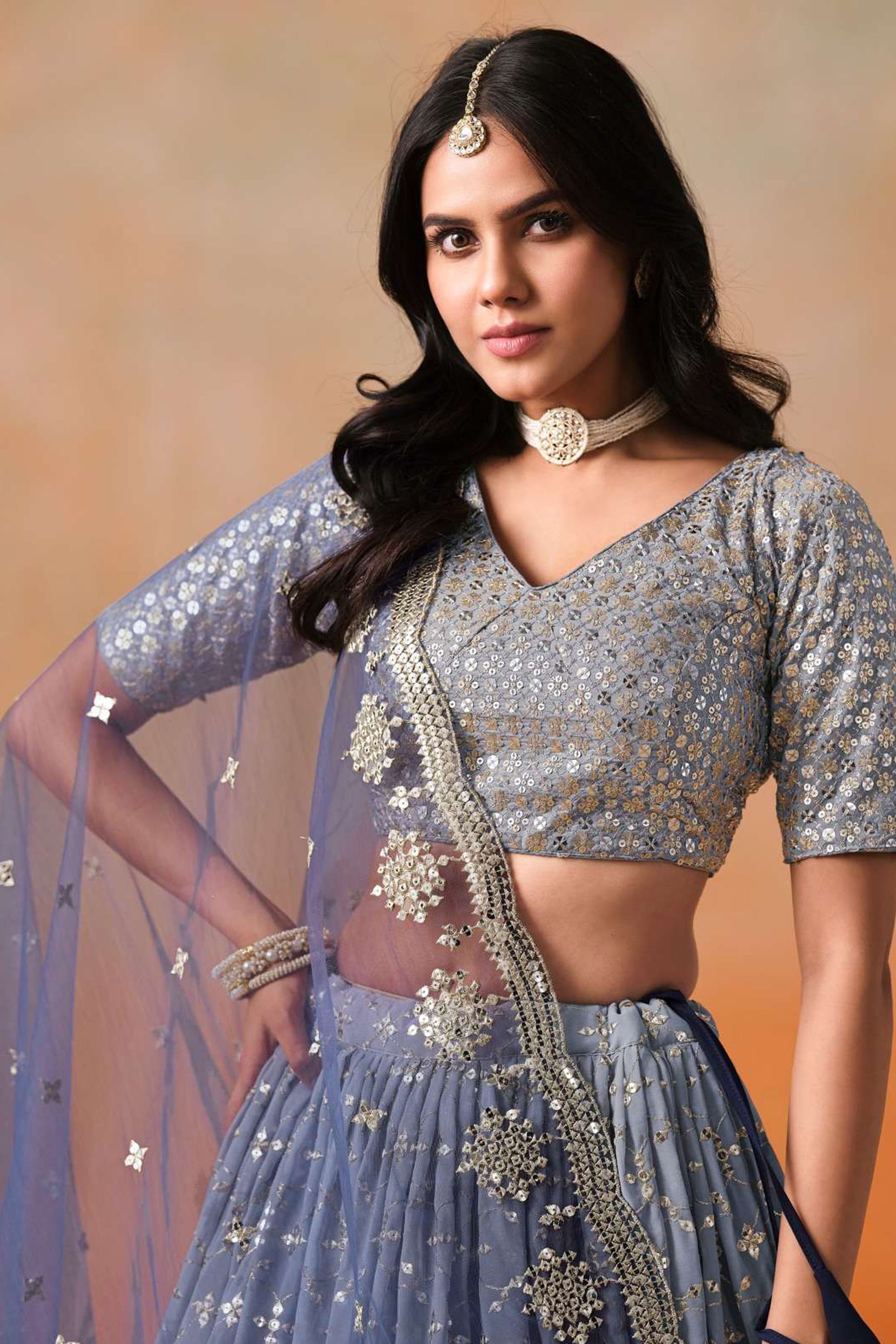 Woman Wearing a Traditional Blue Saree With Silver Embroidery Against a Warm-Toned Background