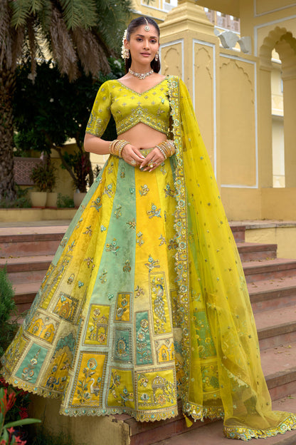 Yellow Embroidered ridal Lehenga Choli With Silk Dupatta For Indian Weddings