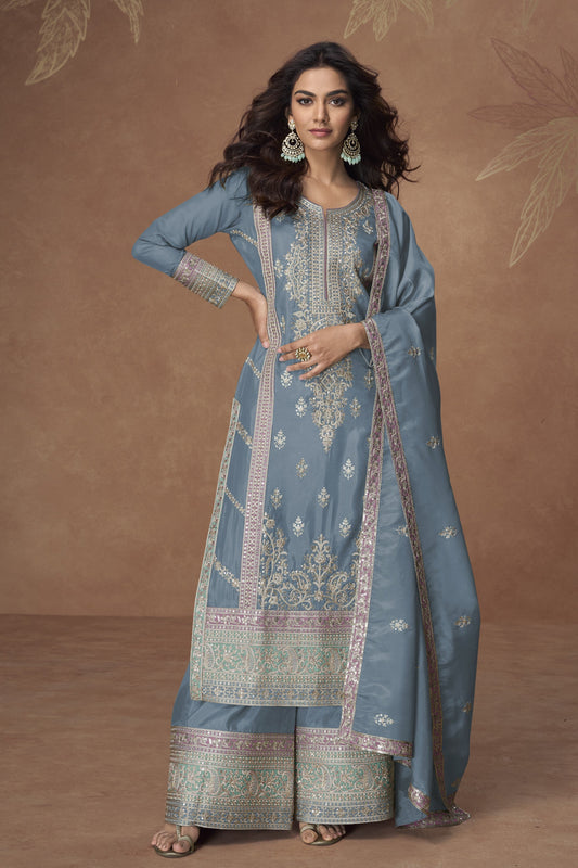 Steel Blue color Engagement Ceremony Wear Beautiful Shalwar palazzo
