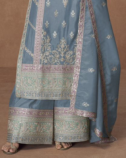 Steel Blue color Engagement Ceremony Wear Beautiful Shalwar palazzo
