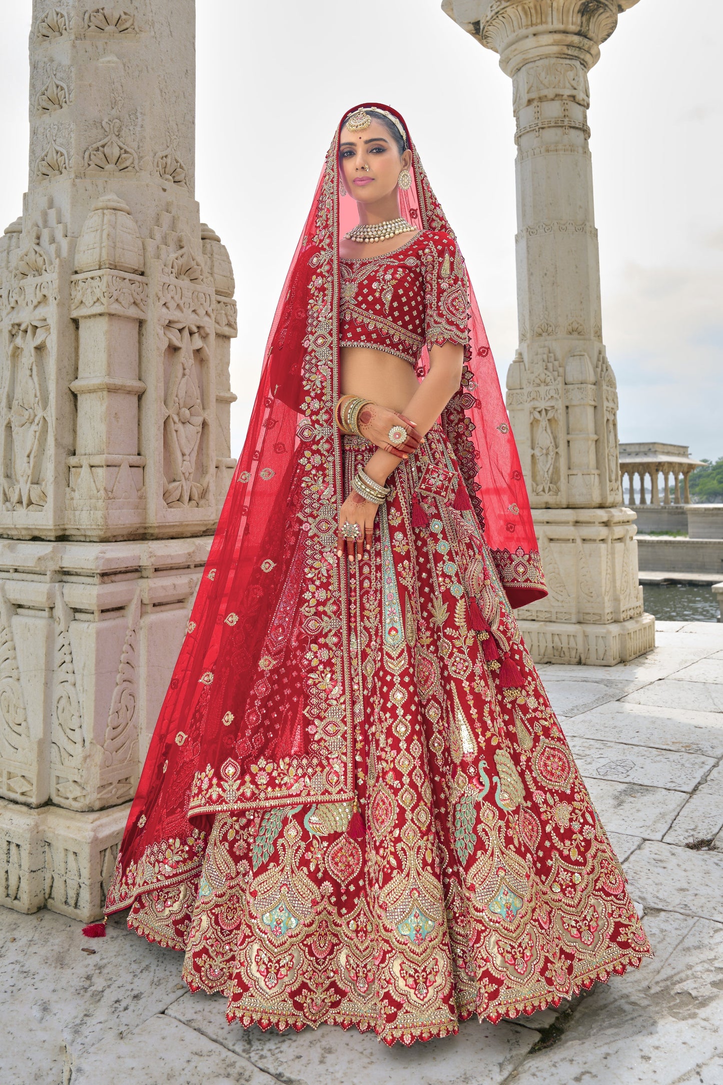 "Runway Red: Statement Bridal Lehenga with Contemporary Flair"
