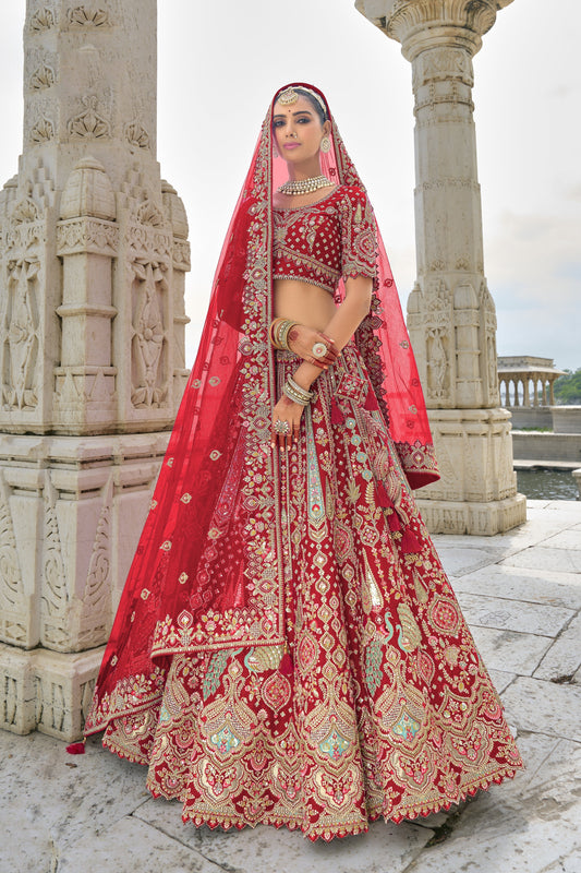 "Runway Red: Statement Bridal Lehenga with Contemporary Flair"
