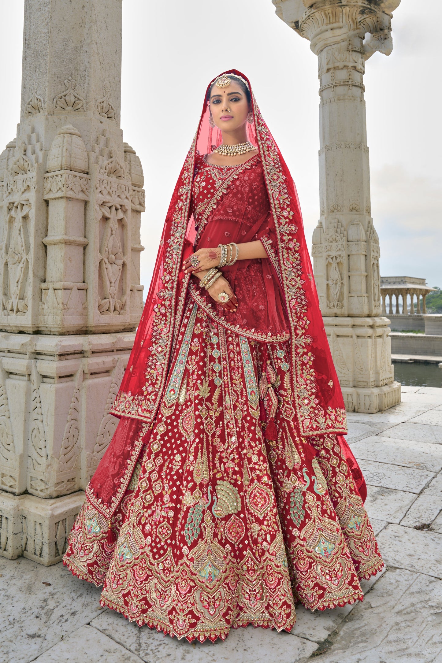 "Runway Red: Statement Bridal Lehenga with Contemporary Flair"
