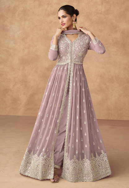 A Woman Modeling Traditional Lavender Anarkali Dupatta Gown