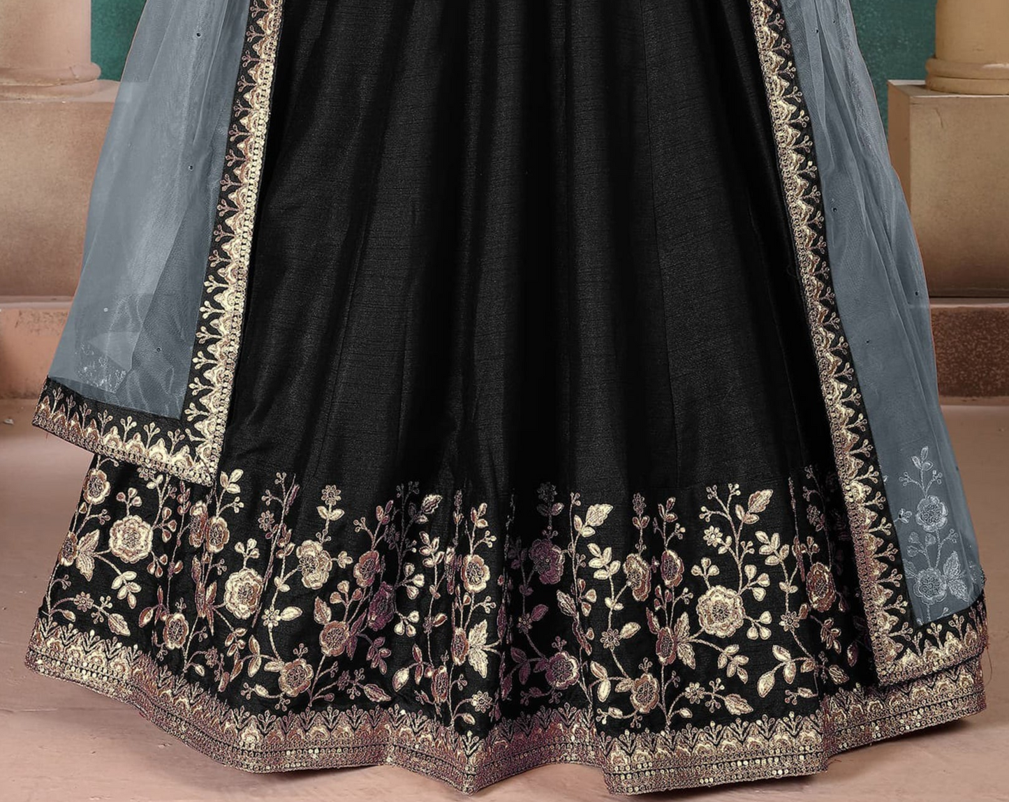 Black Designer Stitched Embroidery Worked Anarkali Gown With Dupatta Suits