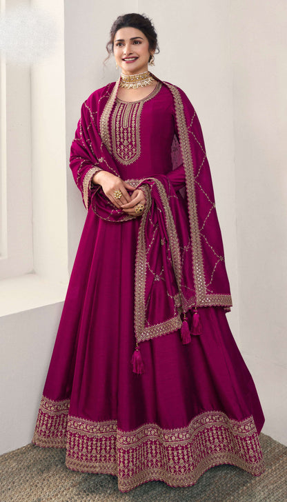 Long Embroidered Silk Georgette Wine Anarkali Gown With Dupatta For Her