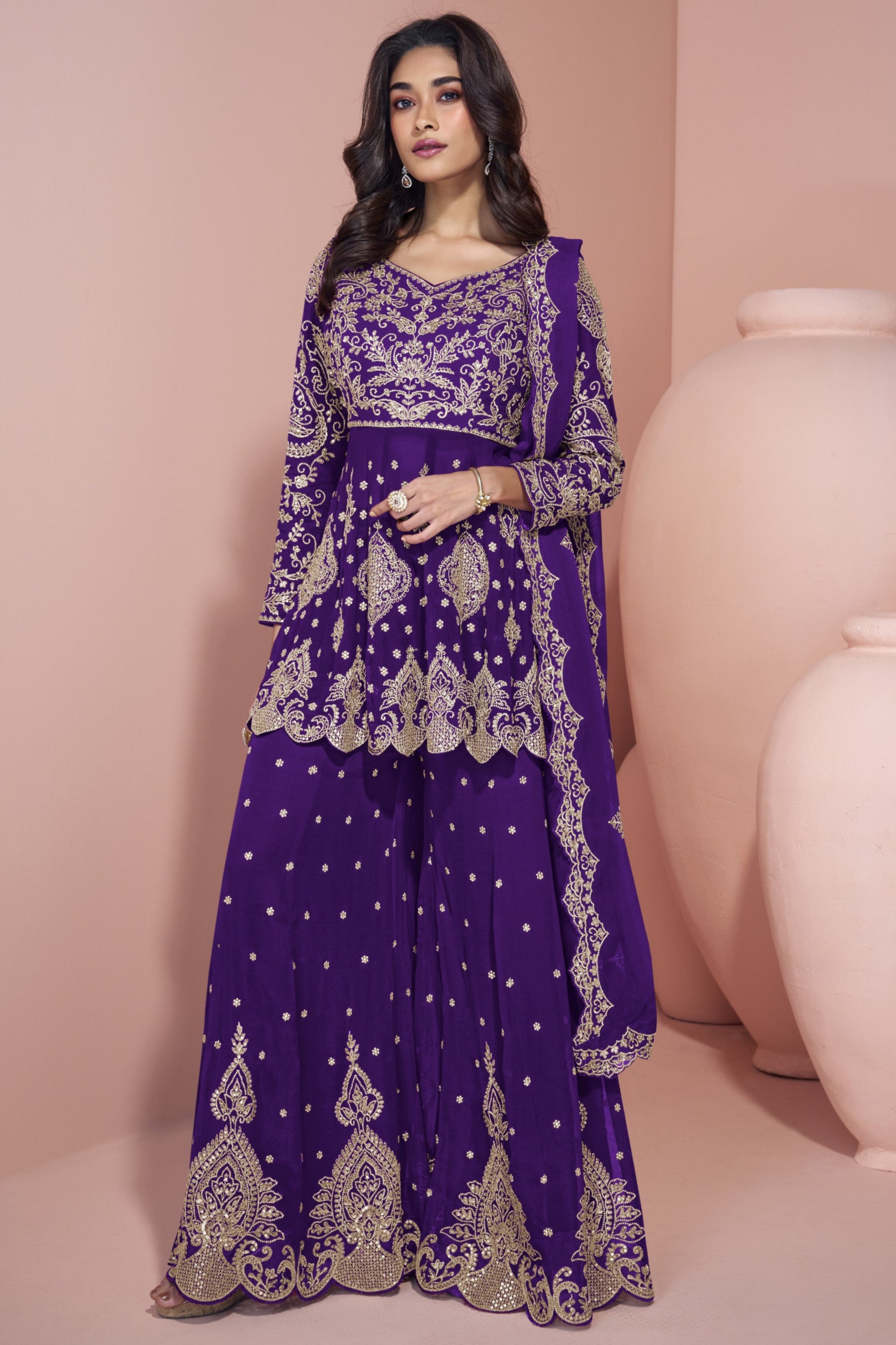 Traditional Purple Sharara Palazzo Dupatta Set for Indian Weddings