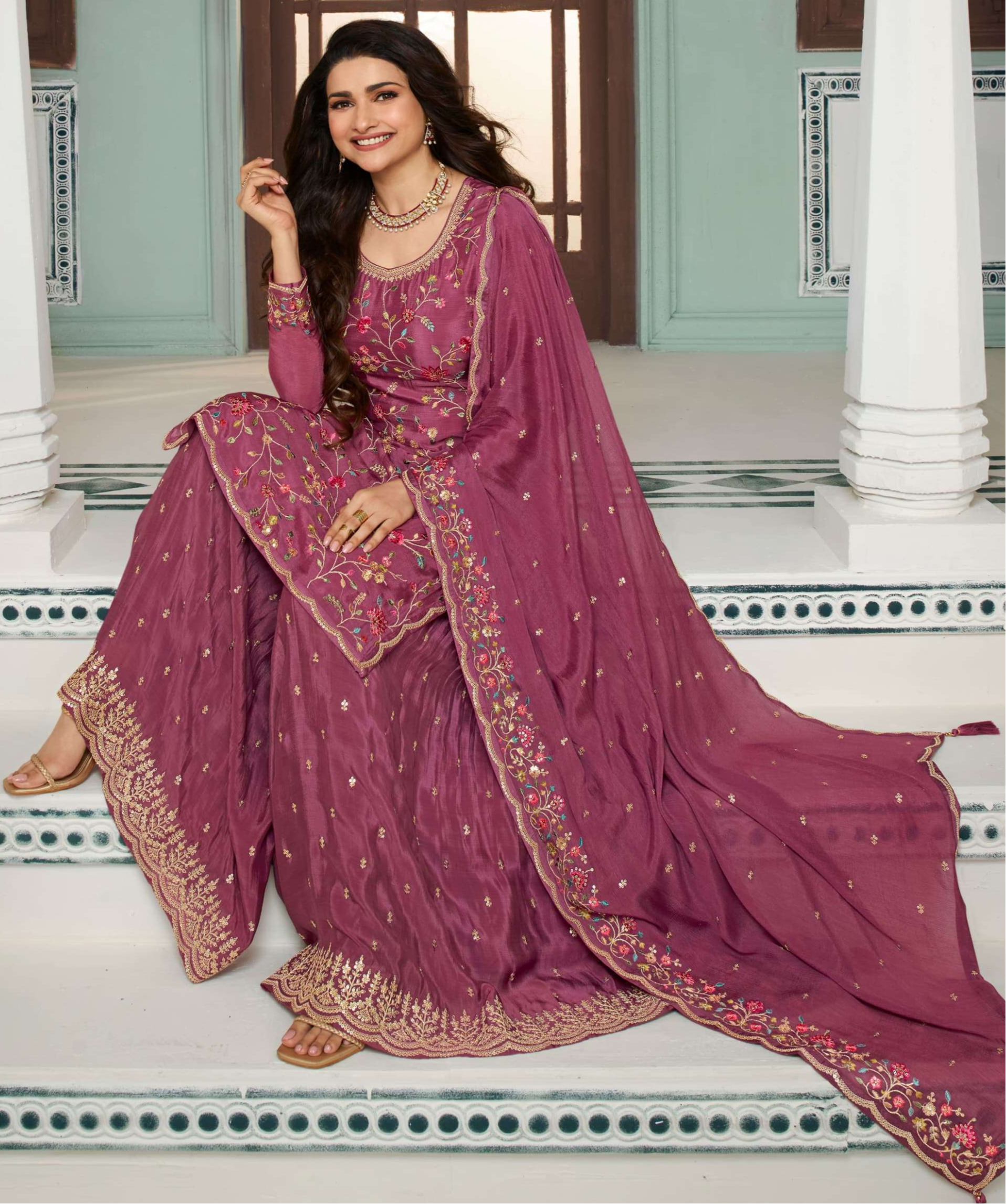 Mehendi-Sangeet Functions Wear Pink Chinon Salwar Kameez Plazzo Suits