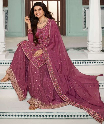 Mehendi-Sangeet Functions Wear Pink Chinon Salwar Kameez Plazzo Suits