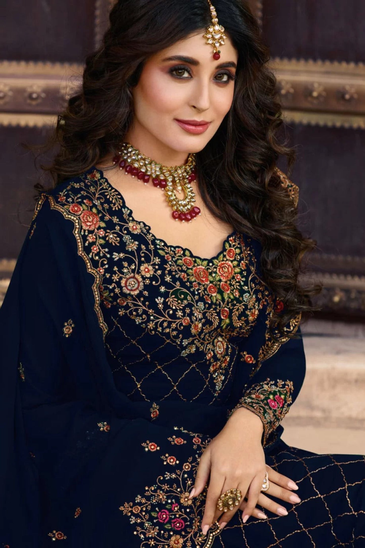 Navy Blue Georgette Kameez Stone Work Bollywood Suit - Santoon Churidar Indian Dress by Seyuri USA
