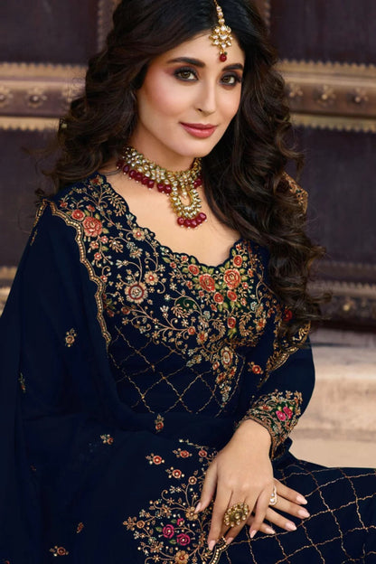Navy Blue Georgette Kameez Stone Work Bollywood Suit - Santoon Churidar Indian Dress by Seyuri USA