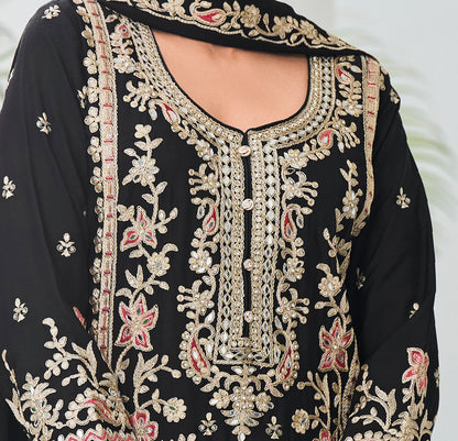Pakistani Nikah Wear - Black Straight Salwar Kameez Palazzo Suit For Wedding Guests