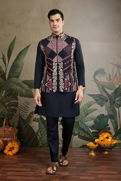 Premium Black Color Viscose Silk Kurta Set For Men Real Mirror Work With Matching Pant