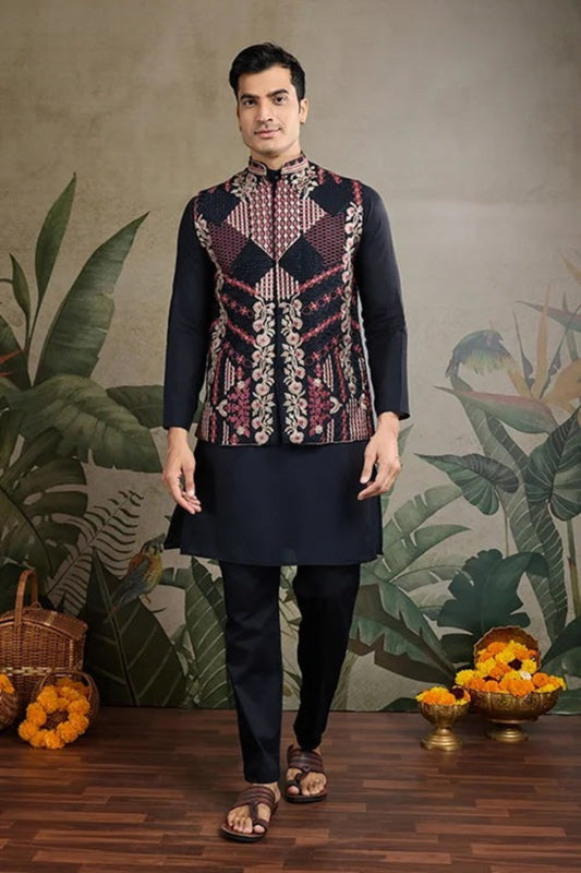 Premium Black Color Viscose Silk Kurta Set For Men Real Mirror Work With Matching Pant
