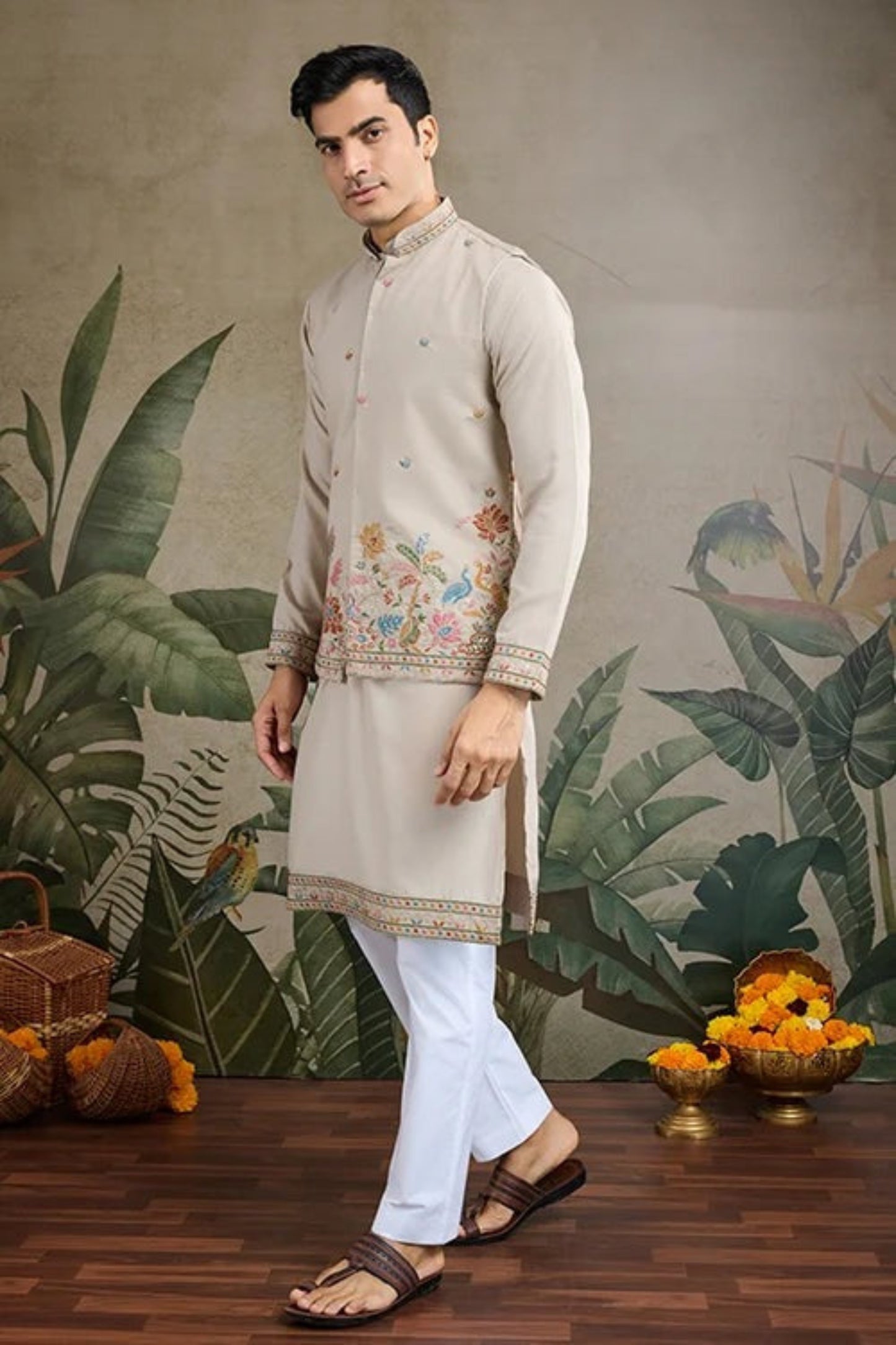 Trendy Beige Color Viscose Silk Kurta Set For Men Real Mirror Work With Matching Pant