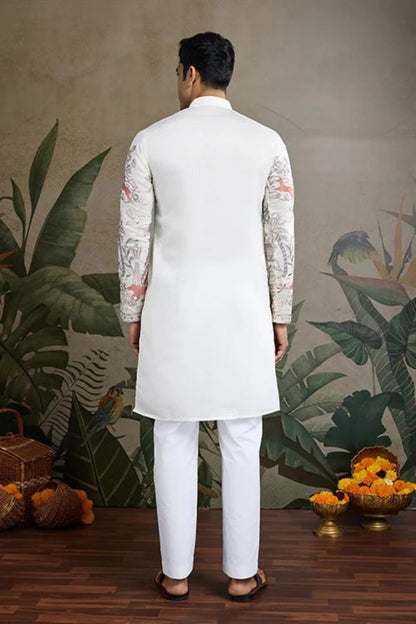 White Color Viscose Silk Kurta Set For Man Real Mirror Work With Matching Pant