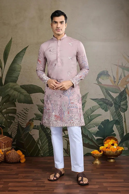 Exclusive Baby Pink Color Viscose Silk Kurta Set For Man Real Mirror Work With Matching Pant