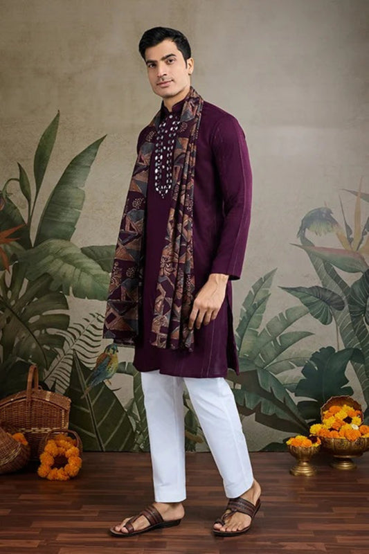Elegant Purple Color Viscose Rayon Kurta Set For Men Real Mirror Work With Matching Pant