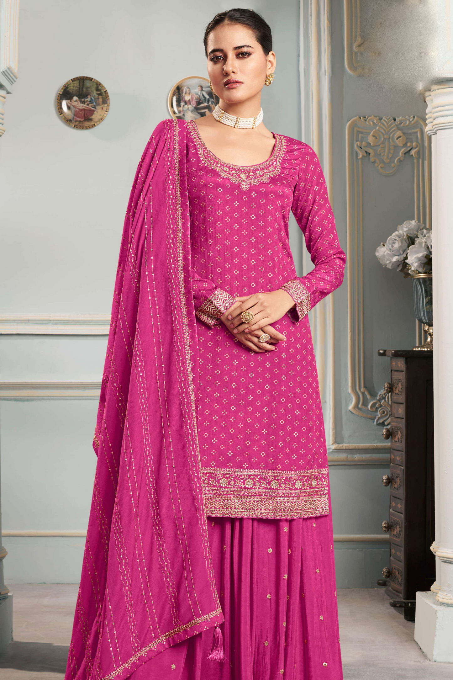 Pink Wedding Reception Sharara Suit With Embroidered Dupatta Ready To Wear USA"
