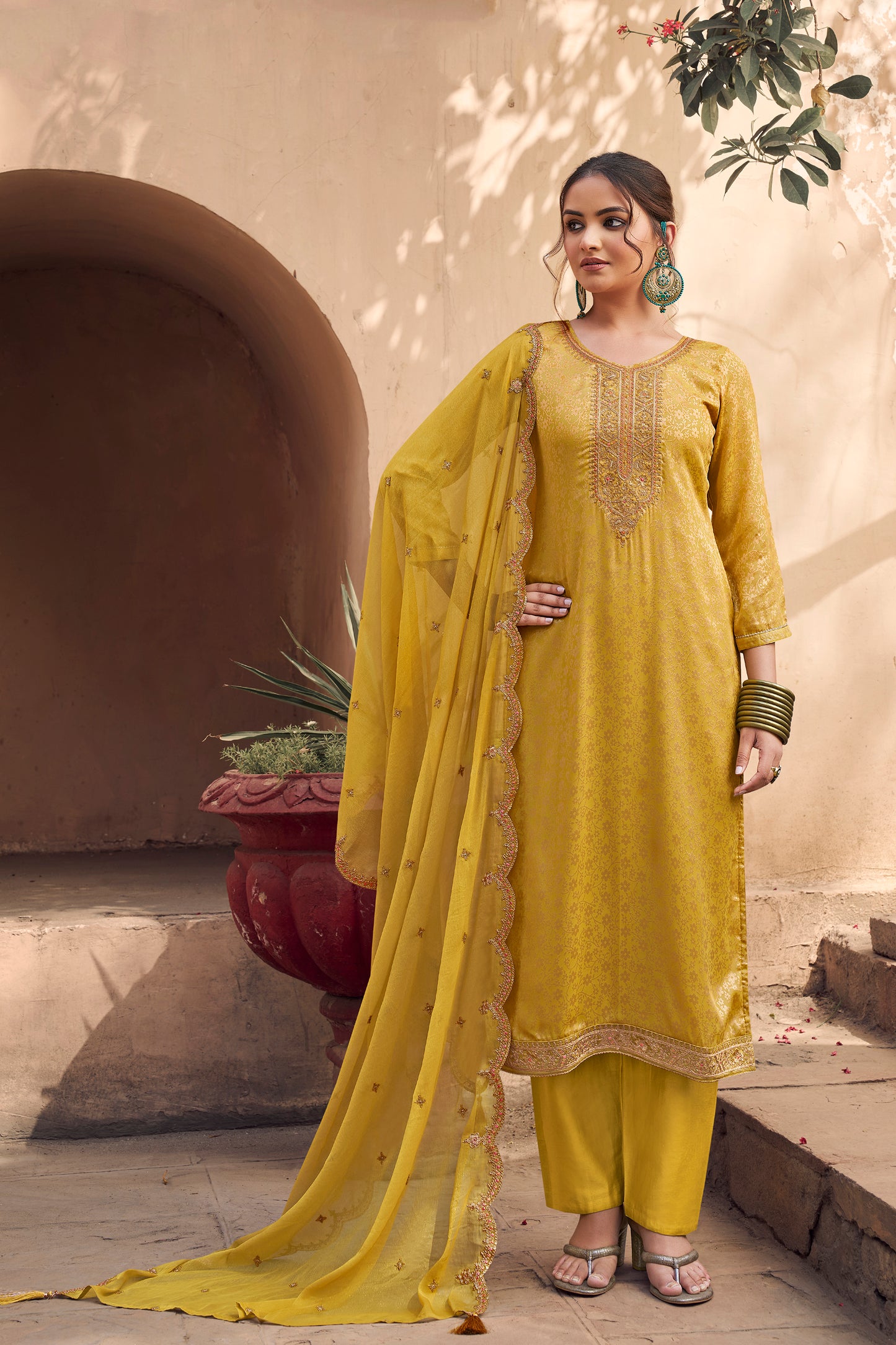 Elegant Traditional Jacquard Fabric Designer Salwar Kameez Suit for Haldi Function Wear.