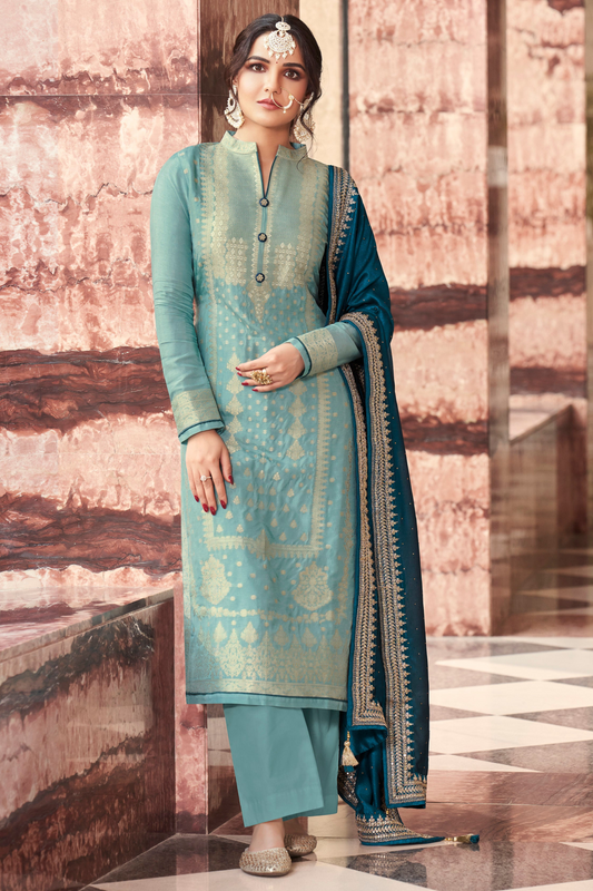 Sky Blue Embroidered Salwar Kameez with Dupatta - Front View - Ready to Wear Wedding Outfit