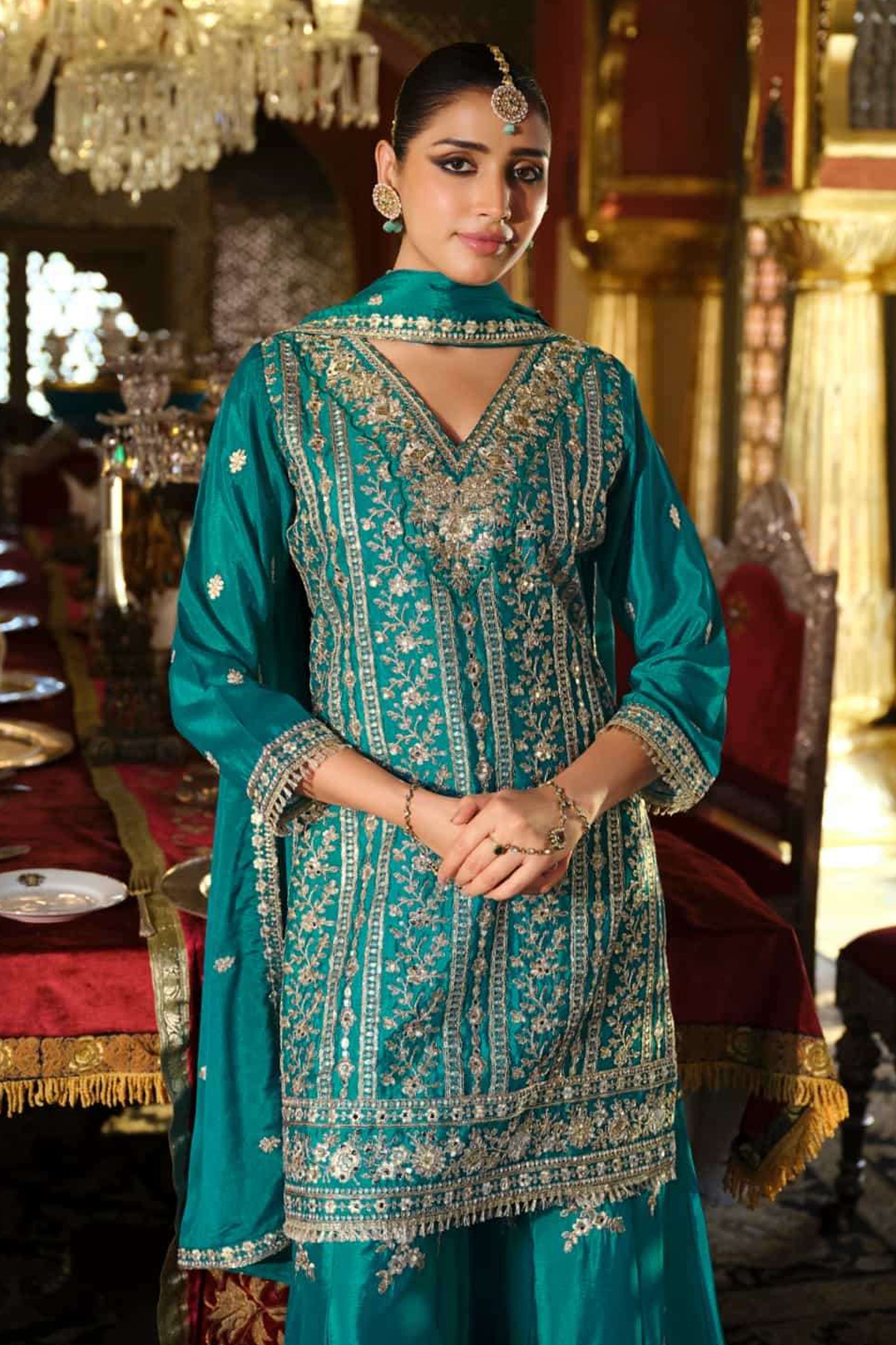 Teal Green Embroidered Sharara Dress Set With Heavy Sequin Work For Indian Weddings