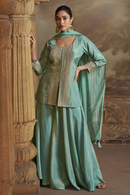 Sky Blue Salwar Kameez Palazzo Suit with Dupatta for Eid Party Wear USA UK