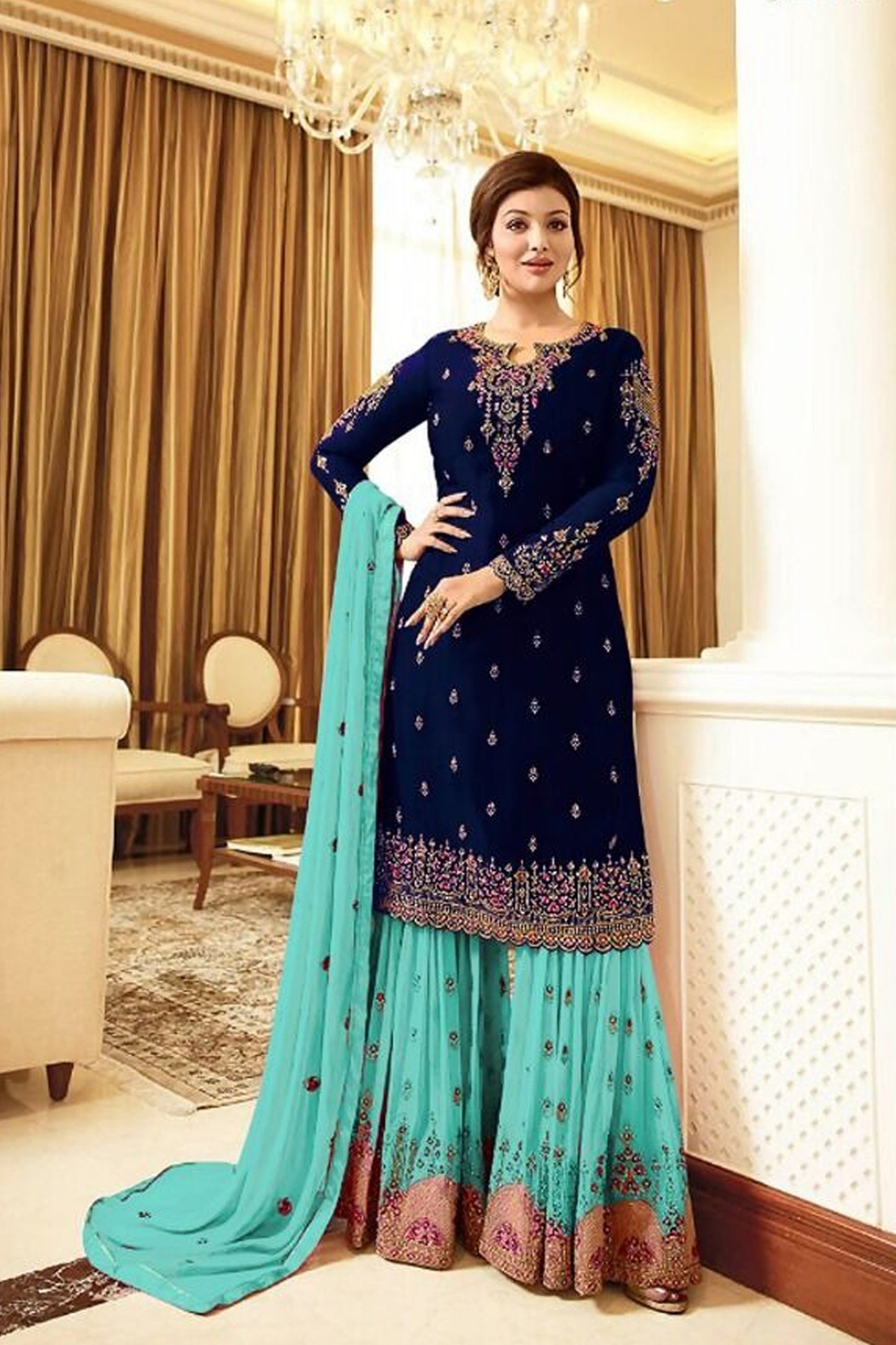 Woman Wearing Navy Blue Sharara For Rokah Ceremony - Pakistani Wedding Outfit USA 2025
