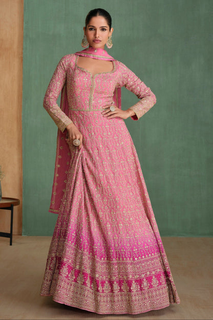 Pink Anarkali Gown With Georgette Chinon Silk Embroidery For Indian Weddings USA