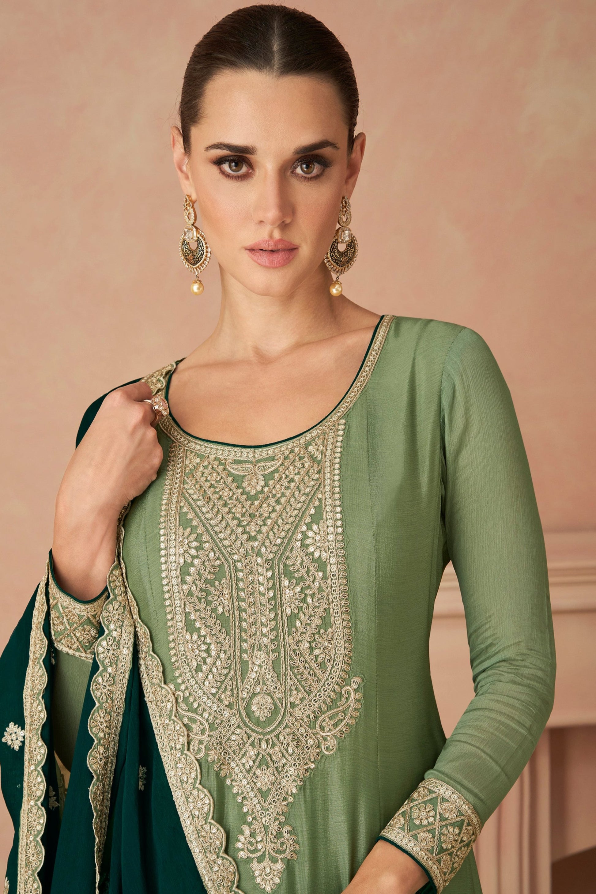Pistachio Green Salwar Kameez Dupatta Set - Complete Outfit View - Ethnic Wear For Weddings and Celebrations