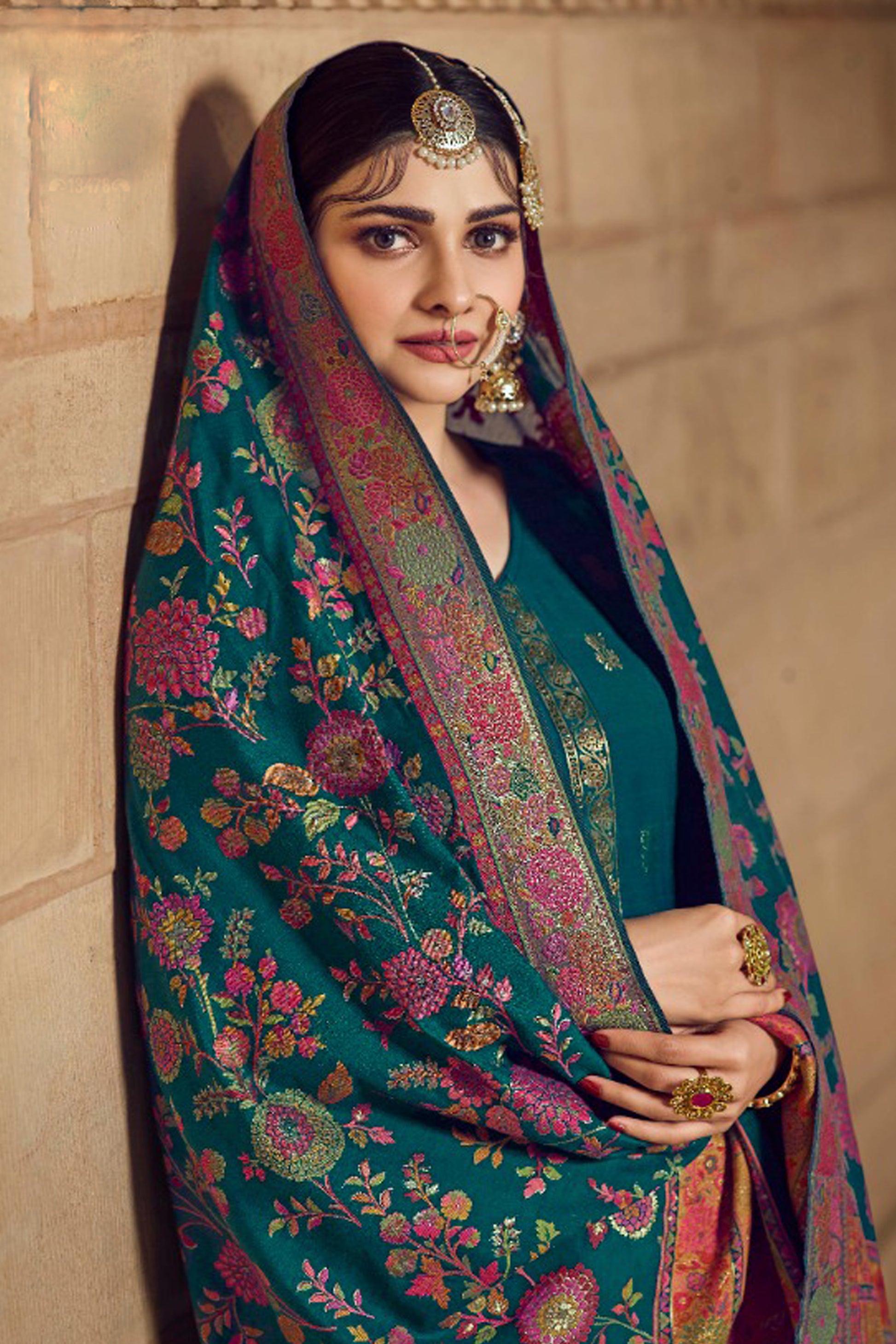 Front View Teal Viscose Muslin Salwar Kameez With Golden Embroidery - Plus Size Available