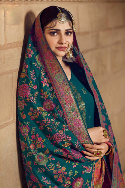 Front View Teal Viscose Muslin Salwar Kameez With Golden Embroidery - Plus Size Available