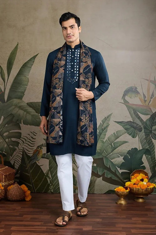 Exclusive Navy Blue Color Viscose Rayon Kurta Set For Man Real Mirror Work With Matching Pant
