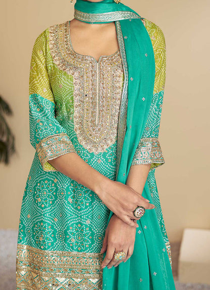 Pakistani Designer Teal Salwar Kameez Palazzo 