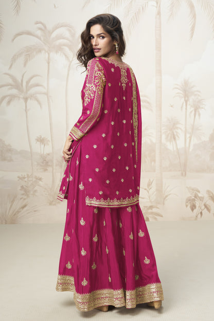 Pink color palazzo suit with embroidery work, offering a soft and graceful look ideal for festive and traditional events.

