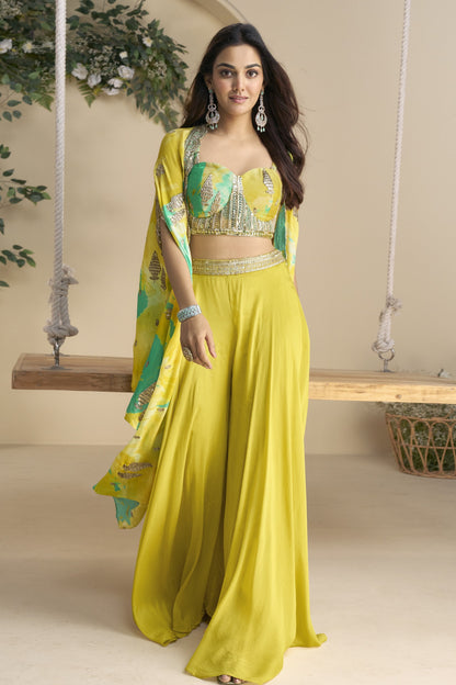 Yellow color lehenga in Chinon silk fabric with embroidery and embellished work, radiating vibrant charm ideal for festive and celebratory occasions.
