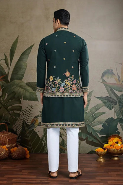 Green Color Viscose Silk Kurta Set For Men Real Mirror Work With Matching Pant