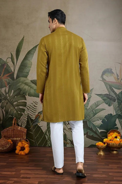 Premium Olive Gold Color Viscose Rayon Kurta Set For Man Real Mirror Work With Matching Pant