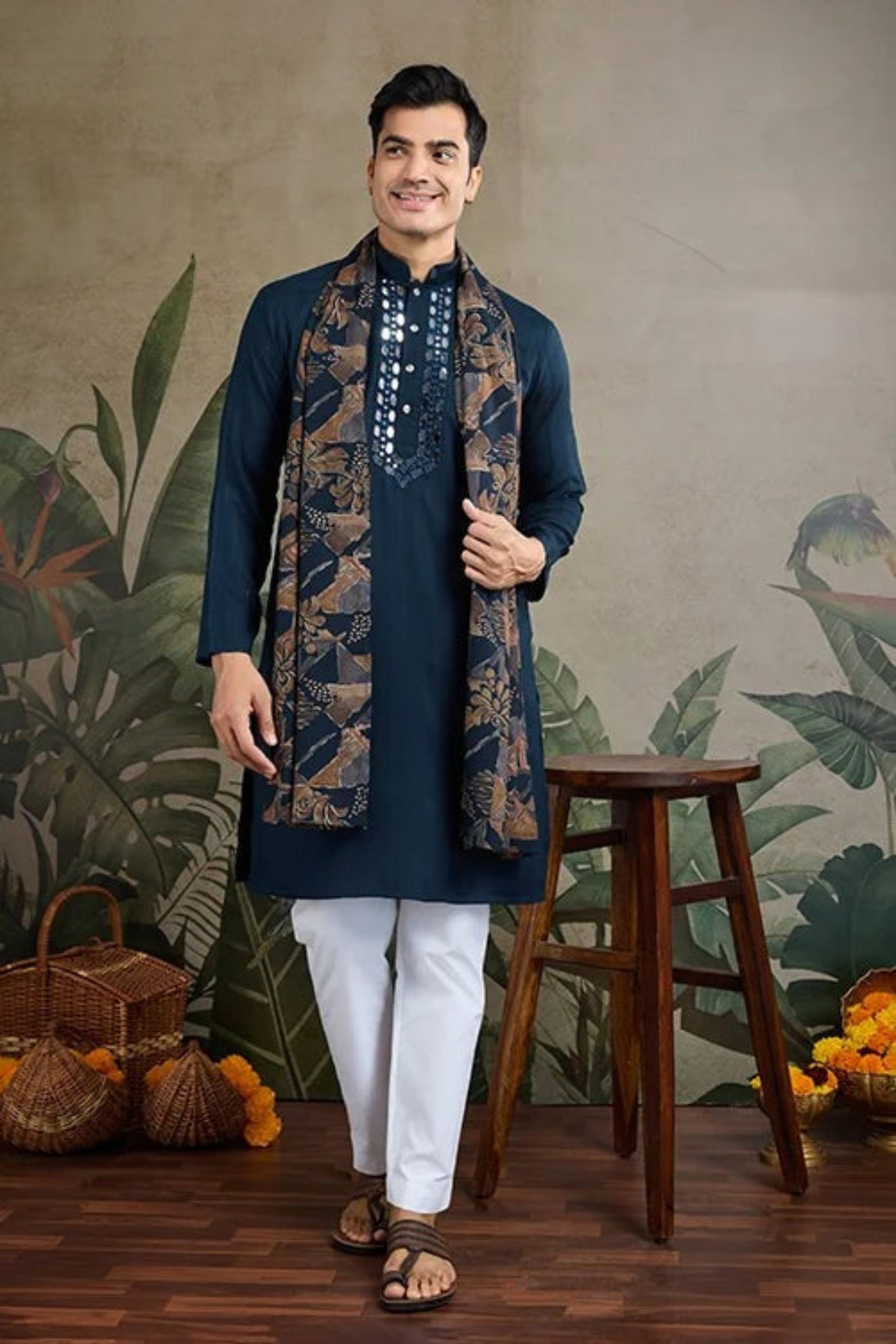 Exclusive Navy Blue Color Viscose Rayon Kurta Set For Man Real Mirror Work With Matching Pant