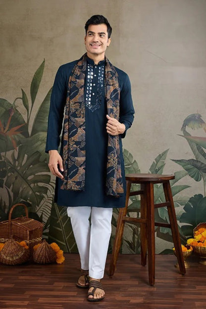 Exclusive Navy Blue Color Viscose Rayon Kurta Set For Man Real Mirror Work With Matching Pant